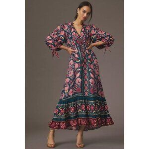 NWOT Farm Rio Floral Beads Tie Printed Tunic Ruffles Maxi Dress Size XL